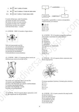 6
É correto afirmar que, sendo fecundadas,
A) I forme um fruto com 8 sementes.
B) I forme um fruto com uma semente.
C) II forme um fruto com 3 sementes.
D) III forme um fruto sem sementes.
E) III não forme frutos – é estéril.
41. (UNIFOR – 2000.1) Considere a figura abaixo.
Nela está representada uma flor
A) masculina de monocotiledônea.
B) feminina de monocotiledônea.
C) hermafrodita de dicotiledônea.
D) masculina de dicotiledônea.
E) hermafrodita de monocotiledônea.
42. ( UNIFOR – 2000.1) O esquema abaixo mostra um
fenômeno que ocorre em um tipo de flor.
De acordo com o esquema, trata-se de uma flor
A) monóica com fecundação cruzada.
B) dióica com mecanismo que impede a autofecundação.
C) monóica com autofecundação.
D) dióica com fecundação cruzada.
E) dióica com autofecundação.
43. (UNIFOR – 99.2) O esquema abaixo representa o ciclo
de vida simplificado de uma pteridófita.
ESPOROS
GAMETAS
ZIGOTO
I II
V IV
III
O esporófito, o gametófito e a meiose correspondem,
respectivamente, aos números
A) I, IV e II
B) I, IV e V
C) IV, I e II
D) IV, I e III
E) IV, I e V
44. (UNIFOR – 99.1) Considere as seguintes estruturas
relacionadas à reprodução das gimnospermas:
I. embrião
II. esporófito
III. ginósporos
IV. andrósporos
V. gametófitos
São haplóides ( n ) SOMENTE
A) I e II
B) I e V
C) II e III
D) III e IV
E) III, IV e V
45. (UNIFOR – 99.1) O esquema abaixo representa uma
flor de angiosperma.
O sistema reprodutor feminino é formado pelas estruturas
A) 1 e 2
B) 1,2 e 7
C) 3 e 8
D) 4, 5 e 6
E) 6 e 8
46. (UNIFOR – 99.1) A parte comestível da maçã resulta
do desenvolvimento
A) de uma inflorescência
B) do receptáculo floral.
C) do pedúnculo da flor
D) das pétalas da flor
E) do ovário da flor
 