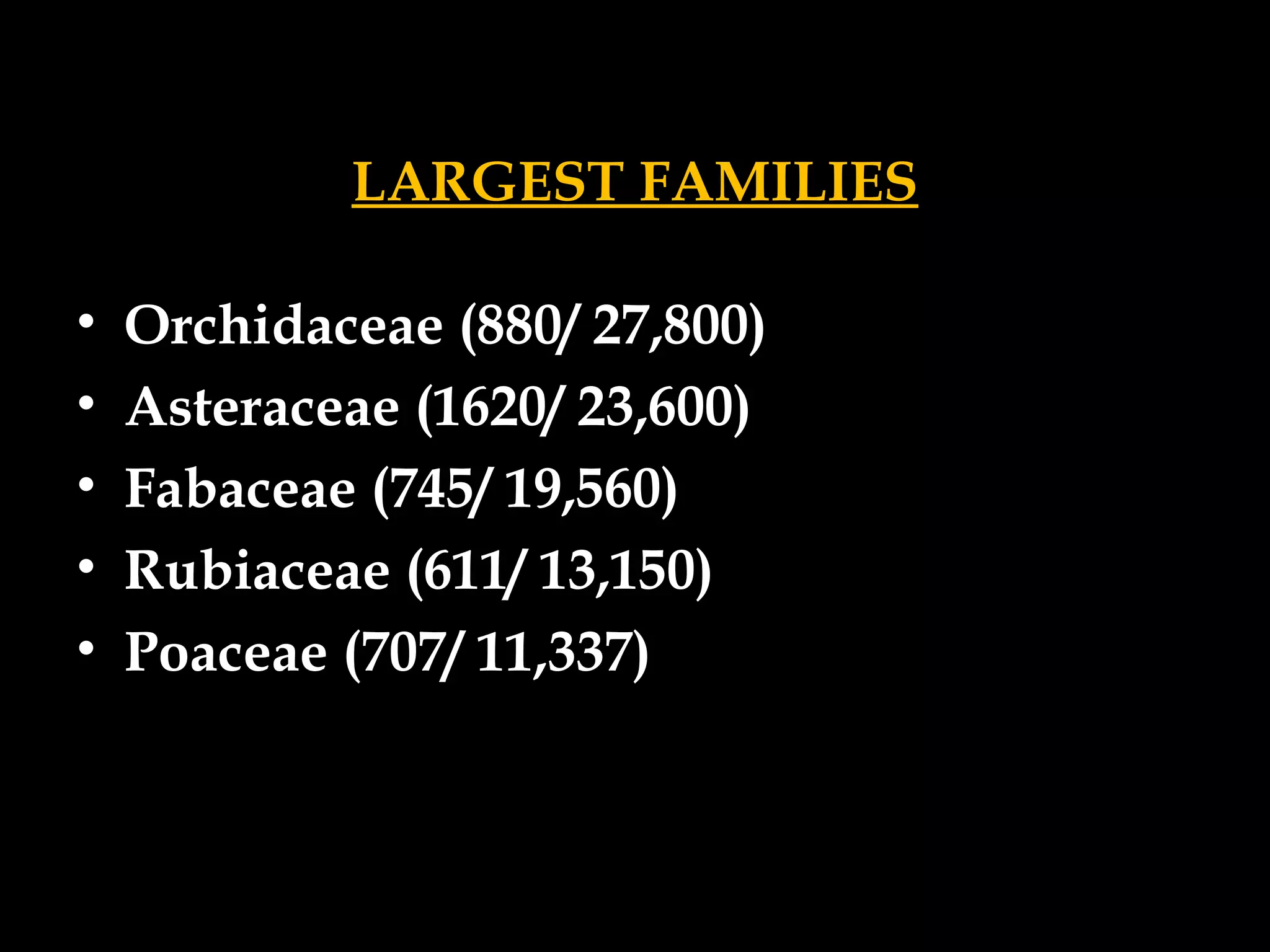 LARGEST FAMILIES
• Orchidaceae (880/ 27,800)
• Asteraceae (1620/ 23,600)
• Fabaceae (745/ 19,560)
• Rubiaceae (611/ 13,150)
• Poaceae (707/ 11,337)
 