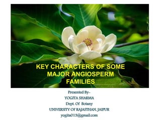 Presented By-
YOGITA SHARMA
Dept. Of Botany
UNIVERSITY OF RAJASTHAN, JAIPUR
yogita013@gmail.com
KEY CHARACTERS OF SOME
MAJOR ANGIOSPERM
FAMILIES
 