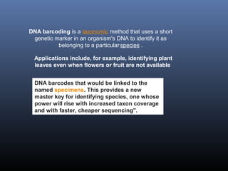 DNA barcoding is a taxonomic method that uses a short 
genetic marker in an organism's DNA to identify it as 
belonging to a particular 
species .
Applications include, for example, identifying plant
leaves even when flowers or fruit are not available
DNA barcodes that would be linked to the
named specimens. This provides a new
master key for identifying species, one whose
power will rise with increased taxon coverage
and with faster, cheaper sequencing".
 