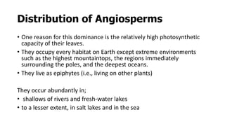 Distribution of Angiosperms
• One reason for this dominance is the relatively high photosynthetic
capacity of their leaves.
• They occupy every habitat on Earth except extreme environments
such as the highest mountaintops, the regions immediately
surrounding the poles, and the deepest oceans.
• They live as epiphytes (i.e., living on other plants)
They occur abundantly in;
• shallows of rivers and fresh-water lakes
• to a lesser extent, in salt lakes and in the sea
 