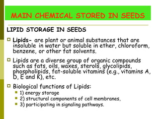MAIN CHEMICAL STORED IN SEEDS
LIPID STORAGE IN SEEDS 
 Lipids- are plant or animal substances that are
insoluble in water but soluble in ether, chloroform,
benzene, or other fat solvents.
 Lipids are a diverse group of organic compounds
such as fats, oils, waxes, sterols, glycolipids,
phospholipids, fat-soluble vitamins (e.g., vitamins A,
D, E and K), etc.
 Biological functions of Lipids:
 1) energy storage
 2) structural components of cell membranes,
 3) participating in signaling pathways.
 