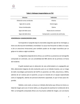 IMAGENOLOGÍA POR TC DE PATOLOGÍAS NEUROVASCULARES

Tabla 3. Hallazgos imagenológicos en TVC
Directos

Indirectos

Dilatación venas cerebrales

Infartos

Signo de la cuerda

Hemorragias

Venas trombosadas

Edema

Signo del delta vacío

Realce dural o tentorial

Signo del delta lleno

Compresión o aumento de ventrículos

HEMORRAGIA SUBARACNOIDEA (HSA)
Corresponde al sangrado bajo la aracnoides (segunda capa de las meninges), y
tiene una alta tasa de morbilidad y mortalidad. Su causa más frecuente se debe a la ruptura de un aneurisma intracraneal, pero también puede ser de origen traumático por un
golpe en la cabeza o algún accidente.
Su diagnóstico depende de la clínica y se confirma su presencia con tomografía
computada sin contraste, con una sensibilidad del 98% dentro de las primeras 12 horas
del incidente.
El gold standard para la detección de esta enfermedad es la angiografía por
DSA, obteniendo imágenes de alta resolución; pero es un método invasivo, con un riesgo
de daño neurológico permanente del 0,07% en pacientes con HSA, aneurismas y MAVs,
además de ser costoso para el paciente, ya que se necesita de un equipo especializado
como el angiógrafo, además de personal altamente capacitado, lo que lo hace poco disponible.
Debido a esta razón, se busca un método alternativo que ofrezca la misma calidad de imagen pero con el menor daño y un alto grado de exactitud en la detección de la
HSA. La tomografía computada ofrece una muy buena calidad de imagen, con una buena

9

 