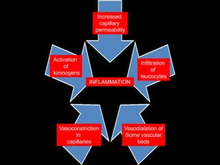 Increased
capillary
permeability
Infiltration
of
leucocytes
Vasodialation of
Some vascular
beds
Vasoconstriction
In
capillaries
Activation
of
kininogens
INFLAMMATION
 