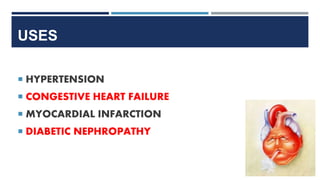 USES
 HYPERTENSION
 CONGESTIVE HEART FAILURE
 MYOCARDIAL INFARCTION
 DIABETIC NEPHROPATHY
 
