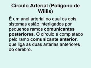 Circulo Arterial (Poligono de Willis) É um anel arterial no qual os dois sistemas estão interligados por pequenos ramos  comunicantes posteriores . O círculo é completado pelo ramo  comunicante anterior , que liga as duas artérias anteriores do cérebro. 