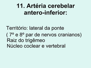 11. Artéria cerebelar antero-inferior: Território: lateral da ponte  ( 7º e 8º par de nervos cranianos) Raiz do trigêmeo Núcleo coclear e vertebral   
