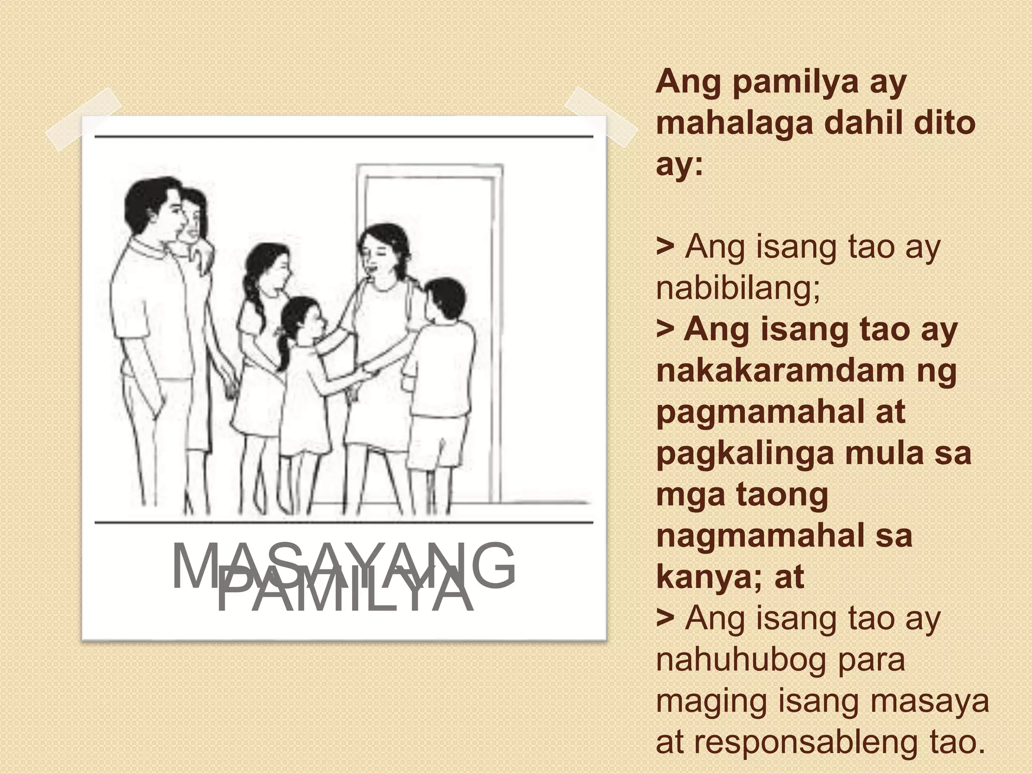 Ang pamilya ay
mahalaga dahil dito
ay:
> Ang isang tao ay
nabibilang;
> Ang isang tao ay
nakakaramdam ng
pagmamahal at
pagkalinga mula sa
mga taong
nagmamahal sa
kanya; at
> Ang isang tao ay
nahuhubog para
maging isang masaya
at responsableng tao.
MASAYANGPAMILYA
 