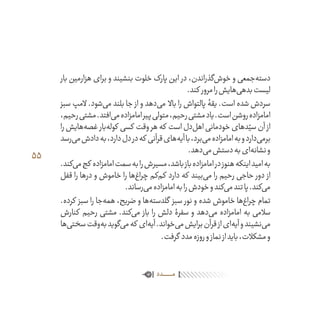 55
‫بار‬ ‫هزارمین‬ ‫برای‬ ‫و‬ ‫بنشیند‬ ‫خلوت‬ ‫پارک‬ ‫این‬ ‫در‬ ،‫‌گذراندن‬‫ش‬‫خو‬ ‫و‬ ‫‌جمعی‬‫ه‬‫دست‬
.‫کند‬ ‫مرور‬‫را‬‫‌هایش‬‫ی‬‫بده‬‫لیست‬
‫سبز‬ ‫المپ‬ .‫‌شود‬‫ی‬‫م‬ ‫بلند‬ ‫جا‬ ‫از‬ ‫و‬ ‫‌دهد‬‫ی‬‫م‬ ‫باال‬ ‫را‬ ‫پالتواش‬ ‫یقۀ‬ .‫است‬ ‫شده‬ ‫سردش‬
،‫رحیم‬‫مشتی‬.‫‌افتد‬‫ی‬‫م‬‫امامزاده‬‫پیر‬‫متولی‬،‫رحیم‬‫مشتی‬‫یاد‬.‫است‬‫روشن‬‫امامزاده‬
‫را‬‫‌هایش‬‫ه‬‫غص‬ ‫‌بار‬‫ه‬‫کول‬ ‫کسی‬ ‫وقت‬‫هر‬‫که‬ ‫است‬‫‌دل‬‫ل‬‫اه‬‫خودمانی‬‫دهای‬ّ‫سی‬‫آن‬ ‫از‬
‫‌رسد‬‫ی‬‫م‬‫دادش‬‫به‬،‫دارد‬‫دل‬‫در‬‫که‬ ‫قرآنی‬‫‌های‬‫ه‬‫آی‬‫با‬،‫‌برد‬‫ی‬‫م‬‫امامزاده‬‫به‬‫و‬‫‌دارد‬‫ی‬‫برم‬
.‫‌دهد‬‫ی‬‫م‬‫دستش‬‫به‬‫‌ای‬‫ه‬‫نشان‬‫و‬
.‫‌کند‬‫ی‬‫م‬‫کج‬ ‫امامزاده‬‫سمت‬‫به‬‫را‬‫مسیرش‬،‫باشد‬‫باز‬‫امامزاده‬‫در‬‫هنوز‬‫اینکه‬‫امید‬‫به‬
‫قفل‬ ‫را‬ ‫درها‬ ‫و‬ ‫خاموش‬ ‫را‬ ‫‌ها‬‫غ‬‫چرا‬ ‫‌کم‬‫م‬‫ک‬ ‫دارد‬ ‫که‬ ‫‌بیند‬‫ی‬‫م‬ ‫را‬ ‫رحیم‬ ‫حاجی‬ ‫دور‬ ‫از‬
.‫‌رساند‬‫ی‬‫م‬‫امامزاده‬‫به‬‫را‬‫خودش‬‫و‬‫‌کند‬‫ی‬‫م‬‫تند‬‫پا‬.‫‌کند‬‫ی‬‫م‬
.‫کرده‬ ‫سبز‬ ‫را‬ ‫‌جا‬‫ه‬‫هم‬ ،‫ضریح‬ ‫و‬ ‫‌ها‬‫ه‬‫گلدست‬ ‫سبز‬ ‫نور‬ ‫و‬ ‫شده‬ ‫خاموش‬ ‫‌ها‬‫غ‬‫چرا‬ ‫تمام‬
‫کنارش‬ ‫رحیم‬ ‫مشتی‬ .‫‌کند‬‫ی‬‫م‬ ‫باز‬ ‫را‬ ‫دلش‬ ‫سفرۀ‬ ‫و‬ ‫‌دهد‬‫ی‬‫م‬ ‫امامزاده‬ ‫به‬ ‫سالمی‬
‫‌ها‬‫ی‬‫سخت‬‫‌وقت‬‫ه‬‫ب‬‫‌گوید‬‫ی‬‫م‬‫که‬ ‫‌ای‬‫ه‬‫آی‬.‫‌خواند‬‫ی‬‫م‬‫برایش‬‫قرآن‬‫از‬‫‌ای‬‫ه‬‫آی‬‫و‬‫‌نشیند‬‫ی‬‫م‬
.‫گرفت‬ ‫مدد‬‫روزه‬‫و‬‫نماز‬‫از‬‫باید‬،‫مشکالت‬‫و‬
‫ـدد‬‫ـ‬‫ـ‬‫ـ‬‫ـ‬‫ـ‬‫ـ‬‫ـ‬‫ـ‬‫ـ‬‫ـ‬‫ـ‬‫م‬
 