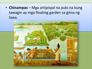 • Chinampas – Mga artipisyal na pulo na kung
tawagin ay mga floating garden sa gitna ng
lawa.

 