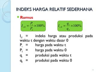 INDEKS HARGA RELATIF SEDERHANAINDEKS HARGA RELATIF SEDERHANA
Rumus
It,0 = indeks harga atau produksi pada
waktu t dengan waktu dasar 0
Pt = harga pada waktu t
P0 = harga pada waktu 0
qt = produksi pada waktu t
q0 = produksi pada waktu 0
13
%1000, ×=
o
t
t
P
P
I %1000, ×=
o
t
t
q
q
I
 
