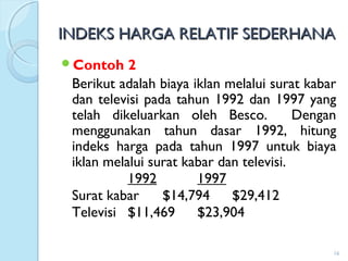 INDEKS HARGA RELATIF SEDERHANAINDEKS HARGA RELATIF SEDERHANA
Contoh 2
Berikut adalah biaya iklan melalui surat kabar
dan televisi pada tahun 1992 dan 1997 yang
telah dikeluarkan oleh Besco. Dengan
menggunakan tahun dasar 1992, hitung
indeks harga pada tahun 1997 untuk biaya
iklan melalui surat kabar dan televisi.
1992 1997
Surat kabar $14,794 $29,412
Televisi $11,469 $23,904
16
 