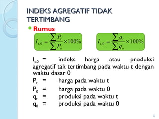 INDEKS AGREGATIF TIDAKINDEKS AGREGATIF TIDAK
TERTIMBANGTERTIMBANG
22
Rumus
It,0 = indeks harga atau produksi
agregatif tak tertimbang pada waktu t dengan
waktu dasar 0
Pt = harga pada waktu t
P0 = harga pada waktu 0
qt = produksi pada waktu t
q0 = produksi pada waktu 0
%1000, ×=
∑
∑
o
t
t
P
P
I %1000, ×=
∑
∑
o
t
t
q
q
I
 