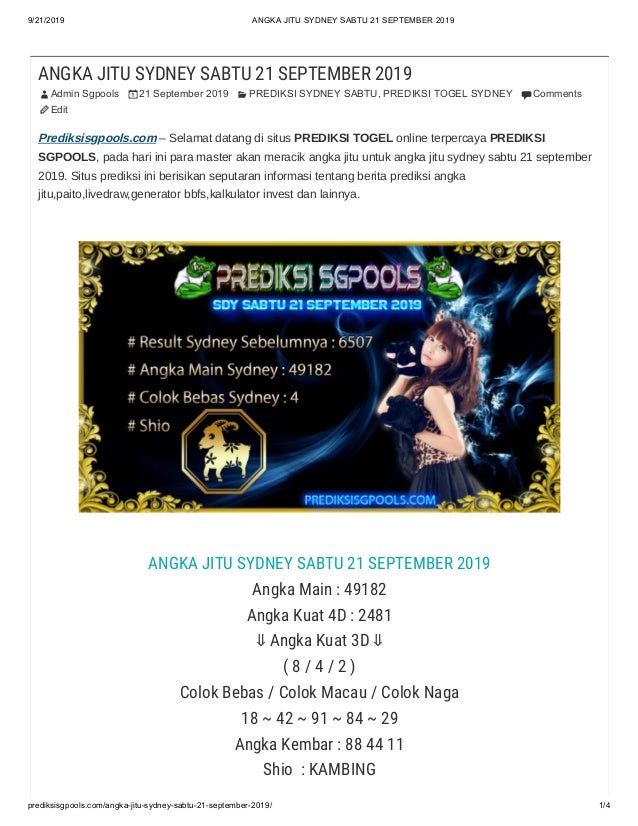 Angka Jitu Sydney Sabtu 21 September 2019