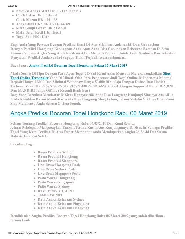 Angka Prediksi Bocoran Togel Hongkong Rabu 06 Maret 2019