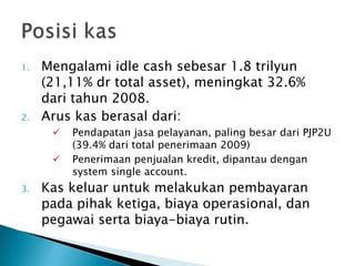 1.   Mengalami idle cash sebesar 1.8 trilyun
     (21,11% dr total asset), meningkat 32.6%
     dari tahun 2008.
2.   Arus kas berasal dari:
         Pendapatan jasa pelayanan, paling besar dari PJP2U
          (39.4% dari total penerimaan 2009)
         Penerimaan penjualan kredit, dipantau dengan
          system single account.
3.   Kas keluar untuk melakukan pembayaran
     pada pihak ketiga, biaya operasional, dan
     pegawai serta biaya-biaya rutin.
 