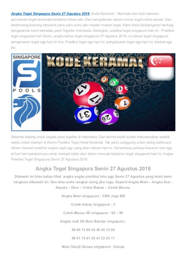 Angka Togel Singapura Senin 27 Agustus 2018 Kode Keramat