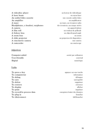 A videodisc player                       un lecteur de vidéodisque
A laser beam                                         un rayon laser
An audio/video cassette                   une cassette audio/video
An amplifier                                      un amplificateur
A tuner                               un tuner, un récepteur radio
Headphones, a headset, earphones   des écouteurs, un casque stéréo
A camera                                         un appareil photo
A film roll                                un rouleau de pellicule
A fisheye lens                              un objectif grand angle
A zoom lens                                                un zoom
A slide projector                    un projecteur de diapositives
A cine/movie camera                                     une caméra
A camcorder                                          un caméscope


Adjectives

Computer-aided                                 assisté par ordinateur
User-friendly                                                convivial
Digital                                                   numérique


Verbs

To   press a key                             appuyer sur une touche
To   computerize                                          informatiser
To   debug                                                   déboguer
To   save                                                  sauvegarder
To   delete                                                 supprimer
To   retrieve                                                retrouver
To   display                                                   afficher
To   print                                                   imprimer
To   record/to process data           enregistrer/traiter des données
To   plug in                                                  brancher
To   (dis)connect                                        (dé)brancher




                                                                      86
 