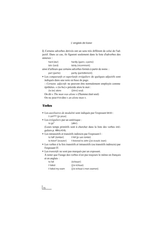 L’anglais de base
15
2. Certains adverbes dérivés ont un sens très différent de celui de l'ad-
jectif. Dans ce cas, ils figurent seulement dans la liste d'adverbes des
annexes :
hard (dur) hardly (guère, à peine)
late (tard) lately (récemment)
ainsi d'ailleurs que certains adverbes formés à partir de noms :
part (partie) partly (partiellement).
• Les comparatifs et superlatifs irréguliers de quelques adjectifs sont
indiqués dans une note en base de page.
– Certains adjectifs ne peuvent être normalement employés comme
épithètes. « (to be) » précède alors le mot :
(to be) alone ([être] seul)
On dit « The man was alone » (l'homme était seul)
On ne peut PAS dire « an alone man ».
Verbes
• Les auxiliaires de modalité sont indiqués par l'exposant MOD :
I canMOD (je peux)
• Les irréguliers par un astérisque :
to go* (aller).
(Leurs temps primitifs sont à chercher dans la liste des verbes irré-
guliers p. 406à 414).
• Les intransitifs et transitifs indirects par l'exposant I :
to fallI (tomber) I fell (je suis tombé)
to listenI (écouter) I listened to John (j'ai écouté Jean).
• Les verbes à la fois transitifs et intransitifs (ou transitifs indirects) par
l'exposant IT.
• Les transitifs ne sont pas marqués par un exposant.
À noter que l'usage des verbes n'est pas toujours le même en français
et en anglais :
to fail (échouer)
I failed (j'ai échoué)
I failed my exam (j'ai échoué à mon examen).
 