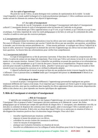 Document d’accompagnement des programmes d’anglais- 3éme AS- JUIN 2011 10
4.6. Les styles d’apprentissage
Du point de vue de l‟élève, on peut distinguer trois systèmes de représentation de la réalité : le mode
visuel (regarder), le mode auditif (échanger) et le mode psychomoteur (pratiquer). L‟élève combinera souvent ces
modes suivant les éléments de contenu d‟un objectif d‟apprentissage.
4.7. Les styles d’enseignement
Du point de vue de l‟enseignant, on peut distinguer l‟enseignement individuel et l‟enseignement
collectif. L‟enseignant choisira le style d‟enseignement selon les besoins de l‟individu ou du groupe.
Etant donné que l‟élève apprend mieux ce qu‟il voit, ce qu‟il entend, ce qu‟il discute et ce qu‟il met
en pratique, il est donc important de varier les outils pédagogiques et de faire en sorte qu‟ils contiennent des aides
visuelles et auditives ainsi que des exercices pratiques.
a- L‟enseignement collectif :
L‟enseignant donne les mêmes explications à tous les élèves sans tenir compte des différences individuelles.
Par souci d‟efficacité, il faut commencer par susciter l‟intérêt des élèves par une anecdote, une question, un problème
à résoudre, une révision des notions précédentes etc… Il faut ensuite présenter et expliquer aux élèves l‟objectif de la
leçon et enfin poursuivre l‟enseignement en donnant des activités d‟apprentissage aux élèves tout en étant attentif à
leurs questions. Au besoin faire des reformulations pour vérifier leur compréhension.
b- L‟enseignement individuel
Ce type d‟enseignement ne se fait de personne à personne. Il faut donc être attentif au comportement de
l‟élève. La prise de contact est une étape très importante. Pour éviter que l‟élève soit stressé, le ton de la voix doit être
neutre et sans aucune émotion. Amener l‟élève à identifier son problème en posant des questions et en reformulant ses
réponses : c‟est à dire paraphraser ce qu‟il vient de dire pour s‟assurer de sa compréhension. Proposer ensuite des
activités pour résoudre le problème, identifier la tâche, planifier l‟action pour que l‟élève puisse le résoudre et faire
ensuite le suivi en corrigeant les exercices et en vérifiant la démarche adoptée.
L‟objectif recherché par le travail en projet est bien sûr une production écrite à travers laquelle les élèves
s‟affirment. Ceux-ci pensent donc au résultat tandis que l‟enseignant doit penser au cheminement d‟abord et au
résultat ensuite.
4.8 Gestion de la classe
Le travail en projet, l‟enseignement différencié, l‟apprentissage personnalisé impliquent une gestion
totalement différente de l‟espace et du temps. Il est important que l‟enseignant soit formé à gérer le temps imparti aux
différentes activités, ainsi que les conditions dans lesquelles les élèves apprennent (bruit, mouvement, disposition des
tables et des chaises etc.), pour répondre aux besoins spécifiques des apprenants.
5. Rôle de l’enseignant et stratégies d’enseignement
-. Rôle de l’enseignant
L‟approche par compétences, basée sur une logique d‟apprentissage ,ne veut en aucun cas amoindrir le rôle de
l‟enseignant. Elle se propose d‟aider l‟enseignant à devenir autonome en le libérant du „carcan‟ des fiches
pédagogiques qui ne tiennent pas compte des spécificités de chaque élève. L‟enseignant, sans abandonner son rôle, ne
doit plus se contenter de dispenser des contenus mais il doit guider, aider et encourager l‟élève à prendre part et à
compléter sa propre formation. Il doit créer un climat dans lequel l‟élève ne se sentira pas en situation d‟échec en
développant des situations positives face à la deuxième langue étrangère. Pour cela il doit :
- travailler régulièrement par situations- problèmes,
- négocier et mener des projets avec ses élèves,
- considérer les savoirs comme des ressources à mobiliser,
- varier les moyens d‟enseignement,
- pratiquer une évaluation formatrice en situation de travail,
- travailler en collaboration avec les collègues d‟autres disciplines pour éviter le risque de cloisonnement
 