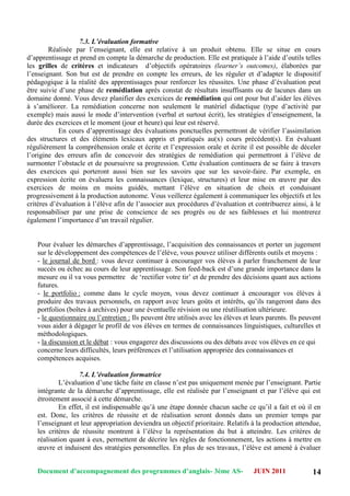 Document d’accompagnement des programmes d’anglais- 3éme AS- JUIN 2011 14
7.3. L’évaluation formative
Réalisée par l‟enseignant, elle est relative à un produit obtenu. Elle se situe en cours
d‟apprentissage et prend en compte la démarche de production. Elle est pratiquée à l‟aide d‟outils telles
les grilles de critères et indicateurs d‟objectifs opératoires (learner’s outcomes), élaborées par
l‟enseignant. Son but est de prendre en compte les erreurs, de les réguler et d‟adapter le dispositif
pédagogique à la réalité des apprentissages pour renforcer les réussites. Une phase d‟évaluation peut
être suivie d‟une phase de remédiation après constat de résultats insuffisants ou de lacunes dans un
domaine donné. Vous devez planifier des exercices de remédiation qui ont pour but d‟aider les élèves
à s‟améliorer. La remédiation concerne non seulement le matériel didactique (type d‟activité par
exemple) mais aussi le mode d‟intervention (verbal et surtout écrit), les stratégies d‟enseignement, la
durée des exercices et le moment (jour et heure) qui leur est réservé.
En cours d‟apprentissage des évaluations ponctuelles permettront de vérifier l‟assimilation
des structures et des éléments lexicaux appris et pratiqués au(x) cours précédent(s). En évaluant
régulièrement la compréhension orale et écrite et l‟expression orale et écrite il est possible de déceler
l‟origine des erreurs afin de concevoir des stratégies de remédiation qui permettront à l‟élève de
surmonter l‟obstacle et de poursuivre sa progression. Cette évaluation continuera de se faire à travers
des exercices qui porteront aussi bien sur les savoirs que sur les savoir-faire. Par exemple, en
expression écrite on évaluera les connaissances (lexique, structures) et leur mise en œuvre par des
exercices de moins en moins guidés, mettant l‟élève en situation de choix et conduisant
progressivement à la production autonome. Vous veillerez également à communiquer les objectifs et les
critères d‟évaluation à l‟élève afin de l‟associer aux procédures d‟évaluation et contribuerez ainsi, à le
responsabiliser par une prise de conscience de ses progrès ou de ses faiblesses et lui montrerez
également l‟importance d‟un travail régulier.
Pour évaluer les démarches d‟apprentissage, l‟acquisition des connaissances et porter un jugement
sur le développement des compétences de l‟élève, vous pouvez utiliser différents outils et moyens :
- le journal de bord : vous devez continuer à encourager vos élèves à parler franchement de leur
succès ou échec au cours de leur apprentissage. Son feed-back est d‟une grande importance dans la
mesure ou il va vous permettre de „rectifier votre tir‟ et de prendre des décisions quant aux actions
futures.
- le portfolio : comme dans le cycle moyen, vous devez continuer à encourager vos élèves à
produire des travaux personnels, en rapport avec leurs goûts et intérêts, qu‟ils rangeront dans des
portfolios (boîtes à archives) pour une éventuelle révision ou une réutilisation ultérieure.
- le questionnaire ou l‟entretien : Ils peuvent être utilisés avec les élèves et leurs parents. Ils peuvent
vous aider à dégager le profil de vos élèves en termes de connaissances linguistiques, culturelles et
méthodologiques.
- la discussion et le débat : vous engagerez des discussions ou des débats avec vos élèves en ce qui
concerne leurs difficultés, leurs préférences et l‟utilisation appropriée des connaissances et
compétences acquises.
7.4. L’évaluation formatrice
L‟évaluation d‟une tâche faite en classe n‟est pas uniquement menée par l‟enseignant. Partie
intégrante de la démarche d‟apprentissage, elle est réalisée par l‟enseignant et par l‟élève qui est
étroitement associé à cette démarche.
En effet, il est indispensable qu‟à une étape donnée chacun sache ce qu‟il a fait et où il en
est. Donc, les critères de réussite et de réalisation seront donnés dans un premier temps par
l‟enseignant et leur appropriation deviendra un objectif prioritaire. Relatifs à la production attendue,
les critères de réussite montrent à l‟élève la représentation du but à atteindre. Les critères de
réalisation quant à eux, permettent de décrire les règles de fonctionnement, les actions à mettre en
œuvre et induisent des stratégies personnelles. En plus de ses travaux, l‟élève est amené à évaluer
 