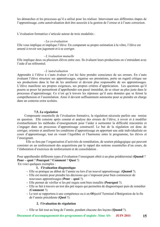 Document d’accompagnement des programmes d’anglais- 3éme AS- JUIN 2011 15
les démarches et les processus qu‟il a utilisé pour les réaliser. Intervenant aux différentes étapes de
l‟apprentissage, cette autoévaluation doit être associée à la gestion de l‟erreur et à l‟auto correction.
L‟évaluation formatrice s‟articule autour de trois modalités :
- La co-évaluation
Elle vous implique et implique l‟élève. En comparant sa propre estimation à la vôtre, l‟élève est
amené à revoir son jugement et à se corriger.
- L’évaluation mutuelle
Elle implique deux ou plusieurs élèves entre eux. Ils évaluent leurs productions en s‟entraidant avec
l‟aide d‟un référentiel.
- L’autoévaluation
Apprendre à l‟élève à s‟auto évaluer c‟est lui faire prendre conscience de ses erreurs. En s‟auto
évaluant l‟élève structure ses apprentissages, organise ses prestations, porte un regard critique sur
ses productions dans le but de les améliorer et devient plus responsable de ses apprentissages.
L‟élève manifeste ses propres exigences, ses propres critères d‟appréciation. Les questions qu‟il
pourra se poser lui permettront d‟appréhender son passé immédiat, de se situer au plus juste dans le
processus d‟apprentissage. Ce n‟est qu‟à travers les réponses qu‟il aura données que se feront la
compréhension et l‟assimilation. Ainsi il devient suffisamment autonome pour se prendre en charge
dans un contexte extra scolaire.
7.5. La régulation
Composante essentielle de l‟évaluation formative, la régulation nécessite parfois une remise
en question. Elle consiste après constat et analyse des erreurs de l‟élève, à revoir et à modifier
éventuellement les méthodes d‟enseignement pour l‟aider à surmonter la difficulté rencontrée et
s‟engager dans un processus d‟apprentissage constructif. Le but de la régulation est donc de
corriger, orienter et améliorer les conditions d‟apprentissage en apportant une aide individualisée en
cours d‟apprentissage, tout en visant l‟équilibre et l‟harmonie entre le programme, les élèves et
l‟enseignant.
Elle se fera par l‟organisation d‟activités de remédiation, de soutien pédagogique qui peuvent
consister en un renforcement des acquisitions par le rappel des notions essentielles d‟un cours, de
l‟élaboration d‟exercices de renforcement et de consolidation .
Pour appréhender différents types d‟évaluation l‟enseignant obéit à un plan prédéterminé (Quand ?
Pour – quoi ? Pourquoi ? Comment ? Quoi ?)
En voici quelques exemples :
1. l’évaluation diagnostique
- Elle se pratique au début de l‟année ou lors d‟un nouvel apprentissage. (Quand ?).
- Elle est menée pour prendre les décisions qui s‟imposent pour bien commencer de
nouveaux apprentissages (Pour – quoi ?).
- Elle permet de vérifier si les pré requis sont bien installés (Pourquoi ?).
- Elle se fait à travers un test des pré requis qui permettra de diagnostiquer puis de remédier
(Comment ?).
- Le test se rapportera à une compétence ou à un Objectif Terminal d‟Intégration de la fin
de l‟année précédente (Quoi ?).
2. l’évaluation de régulation
- Elle se fait tout au long de l‟année, pendant chacune des leçons (Quand ?).
 