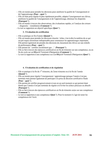 Document d’accompagnement des programmes d’anglais- 3éme AS- JUIN 2011 16
- Elle est menée pour prendre les décisions pour améliorer la qualité de l‟enseignement et
de l‟apprentissage (Pour – quoi ?).
- Elle est faite pour réguler le plus rapidement possible, adapter l‟enseignement aux élèves,
améliorer la qualité de l‟enseignement et de l‟apprentissage, diminuer les disparités
(Pourquoi ?).
- Elle est menée à travers des observations, des évaluations rapides, et l‟analyse des erreurs
– diagnostic – remédiation (Comment ?).
- Le test se rapportera un objectif spécifique (Quoi ?).
3. l’évaluation de certification
- Elle se pratique en fin d‟année (Quand ?).
- Elle est menée pour prendre les décisions réussite / échec c'est-à-dire la maîtrise de ce qui
est pré requis strictement indispensable pour commencer les apprentissages importants.
Elle permet également de prendre des décisions de classement des élèves sur une échelle
de performance (Pour – quoi ?).
- Elle permet de „ certifier socialement que…‟ (Pourquoi ?).
- Elle se fait à travers des épreuves certificatives en fin de trimestre sur une compétence, ou en
fin de cycle sur un Objectif Terminal d‟Intégration (Comment ?).
- Le test se rapportera à une compétence ou à un Objectif Terminal d‟Intégration (Quoi ?).
4. l’évaluation de certification et de régulation
- Elle se pratique à la fin du 1er
trimestre, du 2eme trimestre ou à la fin de l‟année
(Quand ?).
- Elle est menée pour réguler l‟enseignement / apprentissage puisque l‟année n‟est pas
terminée mais permet également de participer à la prise de décision certificative finale
(Pour – quoi ?).
- Elle permet de certifier progressivement et non en un seul moment ce qui permet étant
donné que l‟année n‟est pas terminée de réguler et d‟éviter les échecs précoces ou abusifs
(Pourquoi ?).
- Elle se fait à travers des épreuves certificatives en fin de trimestre axées sur une compétence
(Comment ?).
- Le test se rapportera à une compétence (Quoi ?). Pour le moment il s‟agit de tester les
compétences de l‟écrit.
 
