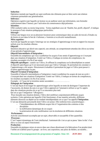Document d’accompagnement des programmes d’anglais- 3éme AS- JUIN 2011 23
Induction :
Opération mentale par laquelle un sujet confronte des éléments pour en faire sortir une relation
commune permettant une généralisation.
Inférence :
Opération cognitive par laquelle un lecteur ou un auditeur saisit une information, non formulée
explicitement dans l‟énoncé, par l‟activation de connaissances déjà présentes.
Intention :
Effet souhaité à plus ou moins long terme. Terme englobant ceux de „finalité, but, profil, objectif‟, il indique
le pourquoi d‟une situation pédagogique particulière.
Interagir :
Utiliser une langue avec un ou plusieurs locuteurs pour communiquer dans un cadre de travail, d‟études ou
de loisirs et ceci dans le but de s‟informer, s‟instruire et se divertir mutuellement.
Méta cognition :
Activité par laquelle un sujet s‟interroge sur ses stratégies d‟apprentissage et met en rapport les moyens
utilisés avec les résultats obtenus.
Objectif :
Intention éducative qui décrit une capacité, une attitude, un comportement attendus des élèves au terme
d‟une période d‟apprentissage.
Objectif Intermédiaire d’Intégration :
Ensemble de compétence qui vise à synthétiser les acquis d‟une année d‟apprentissage et s‟exerçant
dans une situation d‟intégration. Centré sur l‟élève, il indique en termes de compétences, les
résultats escomptés à la fin d‟une année
Objectifs spécifiques : centrés sur l‟élève, ils affinent la compétence en la démultipliant en autant
d‟objectifs spécifiques qu‟il est nécessaire pour que l‟élève l‟atteigne. Ils permettent de constater si
l‟apprentissage a été acquis. Directement évaluables il permettent de juger si l‟élève peut passer à
d‟autres apprentissages ou pas.
Objectif Terminal d’intégration :
Ensemble d‟objectifs intermédiaires d‟intégration visant à synthétiser les acquis de tout un cycle t
s‟exerçant dans une situation d‟intégration. Centré sur l‟élève, il indique en termes de compétences,
les résultats escomptés à la fin d‟un cursus.
Exemple : A l‟issue de la troisième année secondaire……………………
Pédagogie de l’intégration
C‟est une façon d‟envisager les apprentissages selon laquelle on tente de distinguer l‟important de
l‟accessoire, de donner du sens à ce que l‟élève apprend en l‟amenant à utiliser ce qu‟il a appris
dans des situations proches de ce qu‟il va rencontrer plus tard.
Qu‟est ce que l‟intégration ? (Roegiers) :
Pour résoudre une situation donnée, l‟élève doit mobiliser conjointement différents acquis
scolaires. Cette opération par laquelle il fait fonctionner, d‟une manière articulée, différents
éléments dissociés au départ en les rendant interdépendants est ce que l‟on appelle l’intégration.
C‟est une démarche personnelle dont l‟élève est acteur. Elle renferme trois caractéristiques :
- l‟interdépendance des différents acquis liée à l‟organisation des contenus et des
disciplines
- la mobilisation dynamique de ces acquis
- la polarisation de cette mobilisation vers la résolution de différentes situations
Performance :
Activité concrètement accomplie par un sujet, observable et susceptible d‟être quantifiée.
Processus :
C‟est l‟aspect dynamique de l‟acte intellectuel. Autrement dit c‟est ce qui se passe „dans la tête‟ d‟un
élève vu sous un aspect fonctionnel.
Production :
Ensemble de pratiques mises en œuvre dans une classe aboutissant à la fabrication d‟un produit dont
l‟utilité est à définir pour le groupe : un livre, une exposition, une pièce de théâtre, un meuble...
 