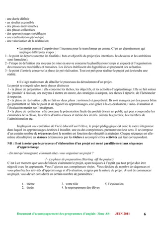 Document d’accompagnement des programmes d’anglais- 3éme AS- JUIN 2011 6
- une durée définie
- un résultat accessible
- des phases individuelles
- des phases collectives
- des apprentissages spécifiques
- une confrontation périodique
- une valorisation de la réalisation
 Le projet permet d‟apprivoiser l‟inconnu pour le transformer en connu. C‟est un cheminement qui
implique différentes étapes :
1 - le point de départ concerne les finalités / buts et objectifs du projet (les intentions, les desseins et les ambitions
sont formulées).
2 - l‟étape de définition des moyens de mise en œuvre concerne la planification (temps et espace) et l‟organisation
des ressources matérielles et humaines. Les élèves établissent des hypothèses et proposent des scénarios.
3 - le point d‟arrivée concerne la phase de pré réalisation. Tout est prêt pour réaliser le projet qui deviendra une
réalité.
 Il s‟agit maintenant de détailler le processus du déroulement d‟un projet.
Le projet se conçoit selon trois phases distinctes
1 - la phase de préparation : elle concerne les tâches, les objectifs, et les activités d‟apprentissage. Elle se fait autour
du „produit‟ à réaliser, des moyens à mettre en œuvre, des stratégies à adopter, des tâches à répartir, de l‟échéancier
à respecter.
2 - la phase de réalisation : elle se fait sur deux plans : notionnel et procédural. Ils sont marqués par des pauses bilan
qui permettent de faire le point et de réguler les apprentissages, ceci grâce à la co-évaluation, l‟auto- évaluation et
l‟évaluation menée par l‟enseignant.
3 - la phase de restitution : elle concerne la présentation finale du produit devant un public qui peut comprendre les
camarades de la classe, les élèves d‟autres classes et même des invités comme les parents, les membres de
l‟administration etc.
Impliquant une centration de l‟acte éducatif sur l‟élève, le projet pédagogique est donc le cadre intégrateur
dans lequel les apprentissages destinés à installer, une ou des compétences, prennent tout leur sens. Il se compose
d‟un certain nombre de séquences dont le nombre est fonction des objectifs à atteindre. Chaque séquence est elle-
même démultipliée en séances déterminées par les tâches à accomplir et les activités qui leur correspondent.
NB : Il est à noter que le processus d’élaboration d’un projet est mené parallèlement aux séquences
d’apprentissage
- En tant qu’enseignant, comment allez- vous organiser un projet ?
I - La phase de preparation (Starting off the project)
C‟est à ce moment que vous définissez clairement le projet, ayant toujours à l‟esprit que tout projet doit être
négocié avec les apprenants. Vous l‟ajustez aux compétences visées. Vous décidez du nombre de séquences et
vous planifiez les activités d‟apprentissage et d‟évaluation, exigées par la nature du projet. Avant de commencer
un projet, vous devez considérer un certain nombre de paramètres :
1. thème
2. durée
- l
3. votre rôle
4. le regroupement des élèves
5. l‟évaluation
 