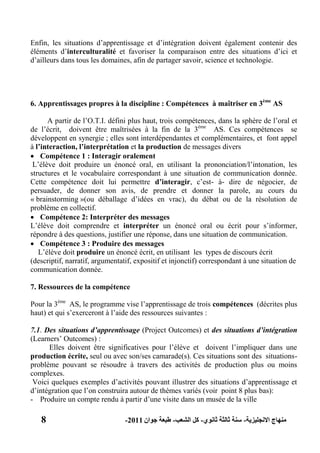 8 ‫االنجليزية‬ ‫منهاج‬-‫ثانوي‬ ‫ثالثة‬ ‫سنة‬-‫الشعب‬ ‫كل‬-‫جوان‬ ‫طبعة‬2011-
Enfin, les situations d’apprentissage et d’intégration doivent également contenir des
éléments d’interculturalité et favoriser la comparaison entre des situations d’ici et
d’ailleurs dans tous les domaines, afin de partager savoir, science et technologie.
6. Apprentissages propres à la discipline : Compétences à maîtriser en 3ème
AS
A partir de l’O.T.I. défini plus haut, trois compétences, dans la sphère de l’oral et
de l’écrit, doivent être maîtrisées à la fin de la 3ème
AS. Ces compétences se
développent en synergie ; elles sont interdépendantes et complémentaires, et font appel
à l‟interaction, l‟interprétation et la production de messages divers
 Compétence 1 : Interagir oralement
L’élève doit produire un énoncé oral, en utilisant la prononciation/l’intonation, les
structures et le vocabulaire correspondant à une situation de communication donnée.
Cette compétence doit lui permettre d‟interagir, c’est- à- dire de négocier, de
persuader, de donner son avis, de prendre et donner la parole, au cours du
« brainstorming »(ou déballage d’idées en vrac), du débat ou de la résolution de
problème en collectif.
 Compétence 2: Interpréter des messages
L’élève doit comprendre et interpréter un énoncé oral ou écrit pour s’informer,
répondre à des questions, justifier une réponse, dans une situation de communication.
 Compétence 3 : Produire des messages
L’élève doit produire un énoncé écrit, en utilisant les types de discours écrit
(descriptif, narratif, argumentatif, expositif et injonctif) correspondant à une situation de
communication donnée.
7. Ressources de la compétence
Pour la 3ème
AS, le programme vise l’apprentissage de trois compétences (décrites plus
haut) et qui s’exerceront à l’aide des ressources suivantes :
7.1. Des situations d’apprentissage (Project Outcomes) et des situations d’intégration
(Learners’ Outcomes) :
Elles doivent être significatives pour l’élève et doivent l’impliquer dans une
production écrite, seul ou avec son/ses camarade(s). Ces situations sont des situations-
problème pouvant se résoudre à travers des activités de production plus ou moins
complexes.
Voici quelques exemples d’activités pouvant illustrer des situations d’apprentissage et
d’intégration que l’on construira autour de thèmes variés (voir point 8 plus bas):
- Produire un compte rendu à partir d’une visite dans un musée de la ville
 