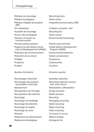 L’Écologie/Ecology
9090
Politique du recyclage Recycling policy
Politique écologique Green policy
Politique intégrée de produits
(PIP)
Integrated product policy (IPP)
Pot catalytique Catalytic converter, "cat"
Poubelle de recyclage Recycling bin
Pouvoir des écologistes Green power
Prévision d’impact sur
l’environnement
Environmental forecasting
Principe pollueur-payeur Polluter pays principle
Programme des Nations Unies
pour le Développement (PNUD)
United Nations Development
Program (UNDP)
Protection de l’environnement Environmental protection
Protection de la nature Nature conservation
Protéger To preserve
Prudence Cautiousness
Prudent Cautious
Quotas d’émissions Emissions quotas
Ramassage à domicile Doorstep collection
Ramassage des produits
recyclables à domicile
Recycling collection service
from one’s home
Reboisement Reforestation, afforestation
Récupération de l’énergie Energy recovery
Récupération des déchets Waste recovery
Recyclage Recycling
Recyclage d’emballage Packaging recycling
Recyclage des déchets Waste recycling
Recyclage du papier Paper recycling
Recyclage du verre Glass recycling
Recycler To recycle, to re-use
Redevance de déversement Efﬂuent charge
Redevance écologique Ecological tax
 