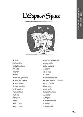 103103
Vocabulairethématique
français/anglais
L’Espace/Space
À bord Aboard, on board
Achondrite Achondrite
Activité solaire Solar activity
Albédo Albedo
Aligner To line up
Amas Cluster
Amas de galaxies Galactic cluster
Amas globulaire Globular or star cluster
Amas ouvert Open cluster
Année lumière Light year
Antimatière Antimatter
Apesanteur Weightlessness
Aphélie Aphelion
Apogée Apogee
Astre Celestial body
Astronaute Astronaut
Astronome Astronomer
 