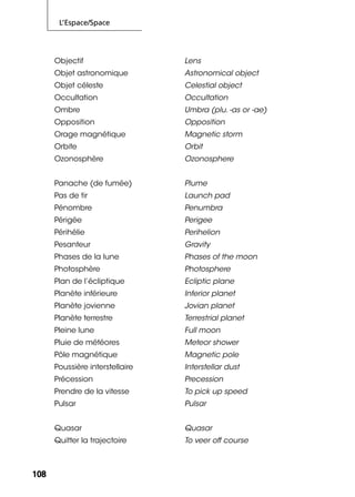 L’Espace/Space
108108
Objectif Lens
Objet astronomique Astronomical object
Objet céleste Celestial object
Occultation Occultation
Ombre Umbra (plu. -as or -ae)
Opposition Opposition
Orage magnétique Magnetic storm
Orbite Orbit
Ozonosphère Ozonosphere
Panache (de fumée) Plume
Pas de tir Launch pad
Pénombre Penumbra
Périgée Perigee
Périhélie Perihelion
Pesanteur Gravity
Phases de la lune Phases of the moon
Photosphère Photosphere
Plan de l’écliptique Ecliptic plane
Planète inférieure Inferior planet
Planète jovienne Jovian planet
Planète terrestre Terrestrial planet
Pleine lune Full moon
Pluie de météores Meteor shower
Pôle magnétique Magnetic pole
Poussière interstellaire Interstellar dust
Précession Precession
Prendre de la vitesse To pick up speed
Pulsar Pulsar
Quasar Quasar
Quitter la trajectoire To veer off course
 