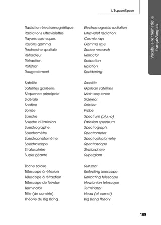 L’Espace/Space
109109
Vocabulairethématique
français/anglais
Radiation électromagnétique Electromagnetic radiation
Radiations ultraviolettes Ultraviolet radiation
Rayons cosmiques Cosmic rays
Rayons gamma Gamma rays
Recherche spatiale Space research
Réfracteur Refractor
Réfraction Refraction
Rotation Rotation
Rougeoiement Reddening
Satellite Satellite
Satellites galiléens Galilean satellites
Séquence principale Main sequence
Sidérale Sidereal
Solstice Solstice
Sonde Probe
Spectre Spectrum (plu. -a)
Spectre d’émission Emission spectrum
Spectrographe Spectrograph
Spectromètre Spectrometer
Spectrophotométrie Spectrophotometry
Spectroscope Spectroscope
Stratosphère Stratosphere
Super géante Supergiant
Tache solaire Sunspot
Télescope à réﬂexion Reﬂecting telescope
Télescope à réfraction Refracting telescope
Télescope de Newton Newtonian telescope
Terminator Terminator
Tête (de comète) Head (of comet)
Théorie du Big Bang Big Bang Theory
 