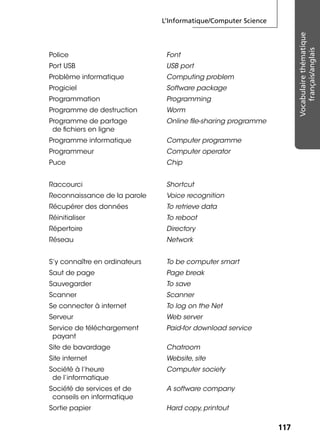 L’Informatique/Computer Science
117117
Vocabulairethématique
français/anglais
Police Font
Port USB USB port
Problème informatique Computing problem
Progiciel Software package
Programmation Programming
Programme de destruction Worm
Programme de partage
de ﬁchiers en ligne
Online ﬁle-sharing programme
Programme informatique Computer programme
Programmeur Computer operator
Puce Chip
Raccourci Shortcut
Reconnaissance de la parole Voice recognition
Récupérer des données To retrieve data
Réinitialiser To reboot
Répertoire Directory
Réseau Network
S’y connaître en ordinateurs To be computer smart
Saut de page Page break
Sauvegarder To save
Scanner Scanner
Se connecter à internet To log on the Net
Serveur Web server
Service de téléchargement
payant
Paid-for download service
Site de bavardage Chatroom
Site internet Website, site
Société à l’heure
de l’informatique
Computer society
Société de services et de
conseils en informatique
A software company
Sortie papier Hard copy, printout
 