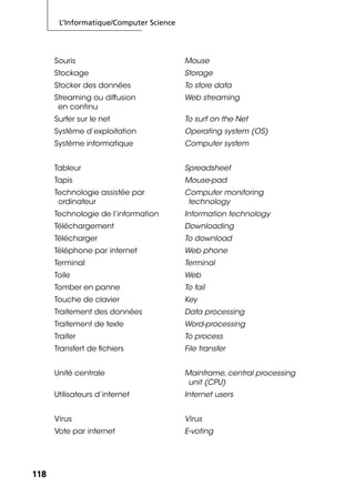 L’Informatique/Computer Science
118118
Souris Mouse
Stockage Storage
Stocker des données To store data
Streaming ou diffusion
en continu
Web streaming
Surfer sur le net To surf on the Net
Système d’exploitation Operating system (OS)
Système informatique Computer system
Tableur Spreadsheet
Tapis Mouse-pad
Technologie assistée par
ordinateur
Computer monitoring
technology
Technologie de l’information Information technology
Téléchargement Downloading
Télécharger To download
Téléphone par internet Web phone
Terminal Terminal
Toile Web
Tomber en panne To fail
Touche de clavier Key
Traitement des données Data processing
Traitement de texte Word-processing
Traiter To process
Transfert de ﬁchiers File transfer
Unité centrale Mainframe, central processing
unit (CPU)
Utilisateurs d’internet Internet users
Virus Virus
Vote par internet E-voting
 
