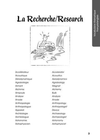 3
Vocabulairethématique
français/anglais
La Recherche/Research
Accélérateur Accelerator
Acoustique Acoustics
Aérodynamique Aerodynamics
Agrobiologie Agrobiology
Aimant Magnet
Alchimie Alchemy
Ampoule Bulb
Analyse Analysis
Anode Anode
Anthropologie Anthropology
Anthropologue Anthropologist
Appareil Device
Archéologie Archaeology
Archéologue Archaeologist
Astronomie Astronomy
Astrophysicien Astrophysicist
 