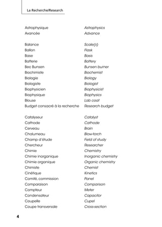 La Recherche/Research
4
Astrophysique Astrophysics
Avancée Advance
Balance Scale(s)
Ballon Flask
Base Basis
Batterie Battery
Bec Bunsen Bunsen burner
Biochimiste Biochemist
Biologie Biology
Biologiste Biologist
Biophysicien Biophysicist
Biophysique Biophysics
Blouse Lab coat
Budget consacré à la recherche Research budget
Catalyseur Catalyst
Cathode Cathode
Cerveau Brain
Chalumeau Blow-torch
Champ d’étude Field of study
Chercheur Researcher
Chimie Chemistry
Chimie inorganique Inorganic chemistry
Chimie organique Organic chemistry
Chimiste Chemist
Cinétique Kinetics
Comité, commission Panel
Comparaison Comparison
Compteur Meter
Condensateur Capacitor
Coupelle Cupel
Coupe transversale Cross-section
 