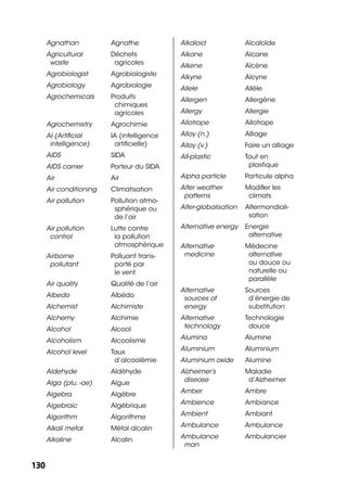 130130
Agnathan Agnathe
Agricultural
waste
Déchets
agricoles
Agrobiologist Agrobiologiste
Agrobiology Agrobiologie
Agrochemicals Produits
chimiques
agricoles
Agrochemistry Agrochimie
AI (Artiﬁcial
intelligence)
IA (intelligence
artiﬁcielle)
AIDS SIDA
AIDS carrier Porteur du SIDA
Air Air
Air conditioning Climatisation
Air pollution Pollution atmo-
sphérique ou
de l’air
Air pollution
control
Lutte contre
la pollution
atmosphérique
Airborne
pollutant
Polluant trans-
porté par
le vent
Air quality Qualité de l’air
Albedo Albédo
Alchemist Alchimiste
Alchemy Alchimie
Alcohol Alcool
Alcoholism Alcoolisme
Alcohol level Taux
d’alcoolémie
Aldehyde Aldéhyde
Alga (plu. -ae) Algue
Algebra Algèbre
Algebraic Algébrique
Algorithm Algorithme
Alkali metal Métal alcalin
Alkaline Alcalin
Alkaloid Alcaloïde
Alkane Alcane
Alkene Alcène
Alkyne Alcyne
Allele Allèle
Allergen Allergène
Allergy Allergie
Allotrope Allotrope
Alloy (n.) Alliage
Alloy (v.) Faire un alliage
All-plastic Tout en
plastique
Alpha particle Particule alpha
Alter weather
patterns
Modiﬁer les
climats
Alter-globalisation Altermondiali-
sation
Alternative energy Energie
alternative
Alternative
medicine
Médecine
alternative
ou douce ou
naturelle ou
parallèle
Alternative
sources of
energy
Sources
d’énergie de
substitution
Alternative
technology
Technologie
douce
Alumina Alumine
Aluminium Aluminium
Aluminium oxide Alumine
Alzheimer’s
disease
Maladie
d’Alzheimer
Amber Ambre
Ambience Ambiance
Ambient Ambiant
Ambulance Ambulance
Ambulance
man
Ambulancier
 