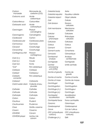 137137
Lexiqueanglais/français
Carbon
monoxide
Monoxyde de
carbone (CO)
Carbonic acid Acide
carbonique
Carboniferous Carbonifère
Carboxylic acid Acide
carboxylique
Carcinogen Produit
cancérigène
Carcinogenic Cancérigène
Cardboard Carton
Cardiovascular Cardiovasculaire
Carnivorous Carnivore
Car-pool Covoiturage
Car-pooling Covoiturage
Cartilaginous ﬁsh Poisson
cartilagineux
Cast (n.) Moule
Cast (v.) Couler
Cast iron Fonte
"Cat" Pot catalytique
Catalysis Catalyse
Catalyst Catalyseur
Catalytic
converter
Pot catalytique
Cataract Cataracte
Catch-water drain Collecte d’eau
pluviale
Catheter Cathéter
Cathode Cathode
Catholyte Catholyte
Cation Cation
Cautious Prudent
Cautiousness Prudence
Cave Grotte, caverne
Cavern Caverne
CD-ROM Cd-rom
CD-ROM player Lecteur de
cd-rom
Celestial body Astre
Celestial equator Equateur céleste
Celestial object Objet céleste
Cell Cellule
Cell division Division
cellulaire
Cell membrane Membrane
cellulaire
Cellular Cellulaire
Cellular
phenotype
Phénotype
cellulaire
Cellulose Cellulose
Celsius Celsius
Cement Ciment
Cement works Cimenterie
Cenozoic Cénozoïque
Centesimal
analysis
Analyse
centésimale
Centigrade Centigrade
Central
processing
unit (CPU)
Unité centrale
Centre of gravity Centre de
gravité
Centre of inertia Centre d’inertie
Centre of mass Centre de masse
Centrifugal Centrifuge
Centrifugation Centrifugation
Centrifuge (n.) Centrifugeur
Centrifuge (v.) Centrifuger
Centripetal
acceleration
Accélération
centripète
Centripetal force Force centripète
Ceramic Céramique
Cerebrospinal Cérébrospinal
Cervix Col de l’utérus
CFC (chloroﬂuoro-
carbon)
CFC chloroﬂuoro-
carbure)
Challenge (n.) Déﬁ
 