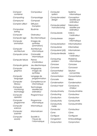 140140
Compost
container
Composteur
Composting Compostage
Compound Composé
Compton effect Diffusion
Compton
Compulsive
eating
Boulimie
Computer Ordinateur
Computer age Ère informatique
Computer
animation
Images de
synthèse
(animation)
Computer
architecture
Architecture
informatique
Computer crime Criminalité
informatique
Computer failure Panne
d’ordinateur
Computer game Jeu électronique
Computer
graphics
Infographie,
images de
synthèse
Computer
language
Langage de
programmation
Computer
literacy
Compétence en
informatique
Computer
monitoring
technology
Technologie
assistée par
ordinateur
Computer
operator
Programmeur
Computer
programme
Programme
informatique
Computer
science
Informatique
Computer
scientist
Informaticien
Computer
society
Société à
l’heure de
l’informatique
Computer
system
Système
informatique
Computer-aided
design
Conception
assistée par
ordinateur
Computer-aided
manufacturing
Fabrication
assistée par
ordinateur
Computerate Initié à
l’ordinateur
Computerese Jargon
informatique
Computerisation Informatisation
Computerise Informatiser
Computerist (US) Informaticien
Computer-literate Initié à
l’ordinateur
Computing
problem
Problème
informatique
Concave Concave
Conceive Concevoir
Concentrated
solution
Solution
concentrée
Concentration Concentration
Concrete Béton
Condensation Condensation
Conduct heat Conduire la
chaleur
Conductimetry Conductimétrie
Conducting Conducteur
Conduction Conduction
Conductivity Conductivité
Conductivity
meter
Conductimètre
Conductor Conducteur
Cone Cône
Conﬁgure Conﬁgurer
Congestion Embouteillage
Conjunction Conjonction
 