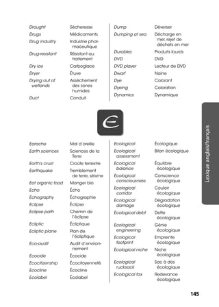 145145
Lexiqueanglais/français
Drought Sécheresse
Drugs Médicaments
Drug industry Industrie phar-
maceutique
Drug-resistant Résistant au
traitement
Dry ice Carboglace
Dryer Étuve
Drying out of
wetlands
Assèchement
des zones
humides
Duct Conduit
Dump Déverser
Dumping at sea Décharge en
mer, rejet de
déchets en mer
Durables Produits lourds
DVD DVD
DVD player Lecteur de DVD
Dwarf Naine
Dye Colorant
Dyeing Coloration
Dynamics Dynamique
EE
Earache Mal d’oreille
Earth sciences Sciences de la
Terre
Earth’s crust Croûte terrestre
Earthquake Tremblement
de terre, séisme
Eat organic food Manger bio
Echo Écho
Echography Échographie
Eclipse Éclipse
Eclipse path Chemin de
l’éclipse
Ecliptic Écliptique
Ecliptic plane Plan de
l’écliptique
Eco-audit Audit d’environ-
nement
Ecocide Écocide
Ecocitizenship Écocitoyenneté
Ecocline Écocline
Ecolabel Écolabel
Ecological Écologique
Ecological
assessment
Bilan écologique
Ecological
balance
Équilibre
écologique
Ecological
consciousness
Conscience
écologique
Ecological
corridor
Couloir
écologique
Ecological
damage
Dégradation
écologique
Ecological debt Dette
écologique
Ecological
engineering
Génie
écologique
Ecological
footprint
Empreinte
écologique
Ecological niche Niche
écologique
Ecological
rucksack
Sac à dos
écologique
Ecological tax Redevance
écologique
 