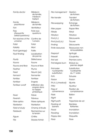 150150
Family doctor Médecin
de famille,
médecin
traitant
Family
practitioner
Médecin
de famille
Fan Ventilateur
Faq
(frequently
asked questions)
Foire aux
questions
Far reaches of the
universe
Conﬁns de
l’univers
Fatal Fatal
Fatality Mort
Fault (geology) Faille
Fault ﬁnding Localisation
de panne
Faulty Défectueux
Fauna Faune
Fauna and ﬂora Faune et ﬂore
Feather Plume
Feed Nourrir (se)
Ferment Fermenter
Fertilise Fertiliser
Fertiliser Engrais
Fertiliser runoff Inﬁltration des
engrais dans
la nappe
phréatique
Fever Fièvre
Feverish Fiévreux
Fibre optics Fibres optiques
Fibrillation Fibrillation
Field of study Champ d’étude
Fieldwork Recherches sur
le terrain
Figure Chiffre
File Dossier, ﬁchier
File management Gestion
de ﬁchiers
File transfer Transfert
de ﬁchiers
File-swapping Échange
de ﬁchiers
Filter paper Papier ﬁltre
Filtrate Filtrat
Filtration Filtration
Find (n.) Découverte
Find (out) (v.) Trouver
Finding Découverte
Finite resources Ressources non
renouvelables
Fireproof Ignifugé
Firewall Coupe-feu
First aid Premiers soins
First-degree burn Brûlure au
premier degré
First-order
nucleophilic
substitution
Substitution
nucléophile
du 1er
ordre
Firth Estuaire
Fission Fission
Fit (n.) (medical) Quinte
Fitter Ajusteur
Flag of
convenience
Pavillon de
complaisance
Flask Ballon
Flight Vol
Flight path Trajectoire de vol
Floating oil
barriers
Barrières
ﬂottantes
Flood Inondation
Flooding Inondation
Floppy disc Disquette
Flora Flore
 