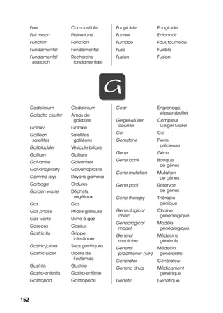 152152
Fuel Combustible
Full moon Pleine lune
Function Fonction
Fundamental Fondamental
Fundamental
research
Recherche
fondamentale
Fungicide Fongicide
Funnel Entonnoir
Furnace Four, fourneau
Fuse Fusible
Fusion Fusion
GG
Gadolinium Gadolinium
Galactic cluster Amas de
galaxies
Galaxy Galaxie
Galilean
satellites
Satellites
galiléens
Gallbladder Vésicule biliaire
Gallium Gallium
Galvanise Galvaniser
Galvanoplasty Galvanoplastie
Gamma rays Rayons gamma
Garbage Ordures
Garden waste Déchets
végétaux
Gas Gaz
Gas phase Phase gazeuse
Gas works Usine à gaz
Gaseous Gazeux
Gastric ﬂu Grippe
intestinale
Gastric juices Sucs gastriques
Gastric ulcer Ulcère de
l’estomac
Gastritis Gastrite
Gastro-enteritis Gastro-entérite
Gastropod Gastropode
Gear Engrenage,
vitesse (boîte)
Geiger-Müller
counter
Compteur
Geiger Müller
Gel Gel
Gemstone Pierre
précieuse
Gene Gène
Gene bank Banque
de gènes
Gene mutation Mutation
de gènes
Gene pool Réservoir
de gènes
Gene therapy Thérapie
génique
Genealogical
chain
Chaîne
généalogique
Genealogical
model
Modèle
généalogique
General
medicine
Médecine
générale
General
practitioner (GP)
Médecin
généraliste
Generator Générateur
Generic drug Médicament
générique
Genetic Génétique
 