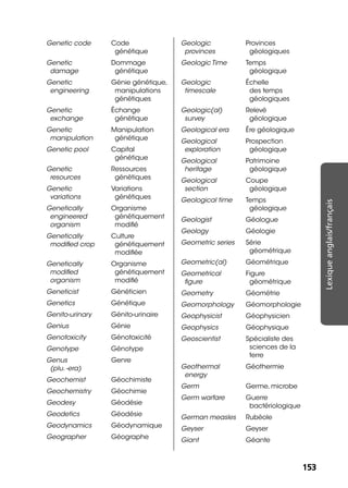 153153
Lexiqueanglais/français
Genetic code Code
génétique
Genetic
damage
Dommage
génétique
Genetic
engineering
Génie génétique,
manipulations
génétiques
Genetic
exchange
Échange
génétique
Genetic
manipulation
Manipulation
génétique
Genetic pool Capital
génétique
Genetic
resources
Ressources
génétiques
Genetic
variations
Variations
génétiques
Genetically
engineered
organism
Organisme
génétiquement
modiﬁé
Genetically
modiﬁed crop
Culture
génétiquement
modiﬁée
Genetically
modiﬁed
organism
Organisme
génétiquement
modiﬁé
Geneticist Généticien
Genetics Génétique
Genito-urinary Génito-urinaire
Genius Génie
Genotoxicity Génotoxicité
Genotype Génotype
Genus
(plu. -era)
Genre
Geochemist Géochimiste
Geochemistry Géochimie
Geodesy Géodésie
Geodetics Géodésie
Geodynamics Géodynamique
Geographer Géographe
Geologic
provinces
Provinces
géologiques
Geologic Time Temps
géologique
Geologic
timescale
Échelle
des temps
géologiques
Geologic(al)
survey
Relevé
géologique
Geological era Ère géologique
Geological
exploration
Prospection
géologique
Geological
heritage
Patrimoine
géologique
Geological
section
Coupe
géologique
Geological time Temps
géologique
Geologist Géologue
Geology Géologie
Geometric series Série
géométrique
Geometric(al) Géométrique
Geometrical
ﬁgure
Figure
géométrique
Geometry Géométrie
Geomorphology Géomorphologie
Geophysicist Géophysicien
Geophysics Géophysique
Geoscientist Spécialiste des
sciences de la
terre
Geothermal
energy
Géothermie
Germ Germe, microbe
Germ warfare Guerre
bactériologique
German measles Rubéole
Geyser Geyser
Giant Géante
 