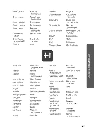 155155
Lexiqueanglais/français
Green policy Politique
écologique
Green power Pouvoir des
écologistes
Green product Éco-produit
Green tourism Tourisme vert
Green voter Électeur
écologiste
Greenhouse
effect
Effet de serre
Greenhouse
gases (GHG)
Gaz à effet
de serre
Greens Verts
Grinder Broyeur
Ground cover Couverture
végétale
Grounding Étude des
fondements
Groundwater Nappe
phréatique
Grow a tumour Développer une
tumeur
Growth Excroissance
Gulf Golfe
Gully Petit ravin
Gynaecology Gynécologie
HH
H1N1 virus Virus de la
grippe A, H1N1
Habitat Habitat
Hacker Pirate
informatique
Haematology Hématologie
Haematoma Hématome
Haemophilia Hémophilie
Hagﬁsh Myxine
Half-life Demi-vie, période
Halo (of galaxy) Halo
Halogen Halogène
Hard copy Sortie papier
Hard disc Disque dur
Harden Durcir
Hardware Matériel
informatique
Harmful Nuisible
Harmfuls Produits
nuisibles
Have a
temperature
Avoir de la ﬁèvre
Hazardous waste Déchets
dangereux
Hazardous waste
site
Décharge
toxique
Head
(of comet)
Tête
Head doctor Médecin-chef
Headache Mal à la tête
Health Santé
Health care
services
(in the US)
Services
médicaux
Health care
system
Système
de santé
Health centre Centre
médico-social
 