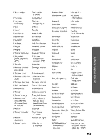 159159
Lexiqueanglais/français
Ink cartridge Cartouche
d’encre
Innovator Innovateur
Inorganic
chemistry
Chimie
inorganique
Input Entrée
Inroad Percée
Insecticide Insecticide
Inseminate Inséminer
Insulation Isolation
Insulator Isolateur, isolant
Integer Nombre entier
Integral Intégral
Integral calculus Calcul intégral
Integrated
product policy
(IPP)
Politique
intégrée de
produits (PIP)
Intensity Intensité
Intensive animal
breeding
Élevage intensif
Intensive care Soins intensifs
Intensive care unit
(ICU)
Unité de soins
intensifs
Intensive farming Élevage intensif
Interface board Carte interface
Interference Interférence
Internal Intérieur, interne
Internal energy Énergie interne
International
Union for the
Conservation
of Nature
Union interna-
tionale pour
la préservation
de la nature
Internet Internet
Internet provider Fournisseur
d’accès
Internet
shopping
Achats en ligne
Internet users Utilisateurs
d’internet
Intersection Intersection
Interstellar dust Poussière
interstellaire
Interval Intervalle
Intestine Intestin
Intravenous (IV) Intraveineux
Invasive species Espèce
envahissante
Invention Invention
Inventor Inventeur
Inversion Inversion
Invertebrate Invertébré
Iodine Iode
Iodised Iodé
Ion Ion
Ionisation Ionisation
Ionosphere Ionosphère
Iridium Iridium
Iron Fer
Iron works Forge, usine
sidérurgique
Irregular galaxy Galaxie
irrégulière
Isobar Isobare
Isobaric Isobare
Isomer Isomère
Isomerisation Isomérisation
Isomerise Isomériser
Isomerism Isomérie
Isomorphism Isomorphisme
Isomorphous Isomorphe
Isosceles triangle Triangle isocèle
Isothermal Isotherme
Isotopes Isotope
Itchy Qui démange
IUCN Red List of
threatened
species
Liste rouge des
espèces mena-
cées de l’ IUCN
 