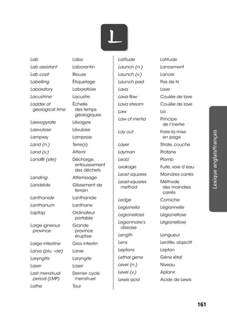 161161
Lexiqueanglais/français
LL
Lab Labo
Lab assistant Laborantin
Lab coat Blouse
Labelling Étiquetage
Laboratory Laboratoire
Lacustrine Lacustre
Ladder of
geological time
Échelle
des temps
géologiques
Laevogyrate Lévogyre
Laevulose Lévulose
Lamprey Lamproie
Land (n.) Terre(s)
Land (v.) Atterrir
Landﬁll (site) Décharge,
enfouissement
des déchets
Landing Atterrissage
Landslide Glissement de
terrain
Lanthanide Lanthanide
Lanthanum Lanthane
Laptop Ordinateur
portable
Large igneous
province
Grande
province
éruptive
Large intestine Gros intestin
Larva (plu. –ae) Larve
Laryngitis Laryngite
Laser Laser
Last menstrual
period (LMP)
Dernier cycle
menstruel
Lathe Tour
Latitude Latitude
Launch (n.) Lancement
Launch (v.) Lancer
Launch pad Pas de tir
Lava Lave
Lava ﬂow Coulée de lave
Lava stream Coulée de lave
Law Loi
Law of inertia Principe
de l’inertie
Lay out Faire la mise
en page
Layer Strate, couche
Layman Profane
Lead Plomb
Leakage Fuite, voie d’eau
Least squares Moindres carrés
Least-squares
method
Méthode
des moindres
carrés
Ledge Corniche
Legionella Légionnelle
Legionellosis Légionellose
Legionnaire’s
disease
Légionellose
Length Longueur
Lens Lentille, objectif
Leptons Lepton
Lethal gene Gène létal
Level (n.) Niveau
Level (v.) Aplanir
Lewis acid Acide de Lewis
 