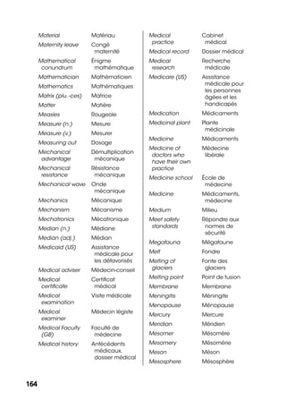 164164
Material Matériau
Maternity leave Congé
maternité
Mathematical
conundrum
Énigme
mathématique
Mathematician Mathématicien
Mathematics Mathématiques
Matrix (plu. -ces) Matrice
Matter Matière
Measles Rougeole
Measure (n.) Mesure
Measure (v.) Mesurer
Measuring out Dosage
Mechanical
advantage
Démultiplication
mécanique
Mechanical
resistance
Résistance
mécanique
Mechanical wave Onde
mécanique
Mechanics Mécanique
Mechanism Mécanisme
Mechatronics Mécatronique
Median (n.) Médiane
Median (adj.) Médian
Medicaid (US) Assistance
médicale pour
les défavorisés
Medical adviser Médecin-conseil
Medical
certiﬁcate
Certiﬁcat
médical
Medical
examination
Visite médicale
Medical
examiner
Médecin légiste
Medical Faculty
(GB)
Faculté de
médecine
Medical history Antécédents
médicaux,
dossier médical
Medical
practice
Cabinet
médical
Medical record Dossier médical
Medical
research
Recherche
médicale
Medicare (US) Assistance
médicale pour
les personnes
âgées et les
handicapés
Medication Médicaments
Medicinal plant Plante
médicinale
Medicine Médicaments
Medicine of
doctors who
have their own
practice
Médecine
libérale
Medicine school École de
médecine
Medicine Médicaments,
médecine
Medium Milieu
Meet safety
standards
Répondre aux
normes de
sécurité
Megafauna Mégafaune
Melt Fondre
Melting of
glaciers
Fonte des
glaciers
Melting point Point de fusion
Membrane Membrane
Meningitis Méningite
Menopause Ménopause
Mercury Mercure
Meridian Méridien
Mesomer Mésomère
Mesomery Mésomérie
Meson Méson
Mesosphere Mésosphère
 