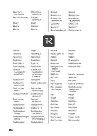 176176
Quantum
mechanics
Mécanique
quantique
Quantum theory Théorie
quantique
Quark Quark
Quarry Carrière
Quartz Quartz
Quasar Quasar
Quaternary Quaternaire
Quaternary
ammonium
Ammonium
quaternaire
Quicklime Chaux vive
Quotient Quotient
Qwerty keyboard Clavier qwerty
RR
Rabies Rage
Racemic Racémique
Racemise Racémiser
Radiation Radiation
Radical (n.) Radical
Radical (adj.) Radicalaire
Radical-
nucleophilic
substitution
Substitution
nucléophile
radicalaire
d’ordre 1
Radioactive Radioactif
Radioactive
discharges
Rejets radioactifs
Radioactive
fallout
Retombées
radioactives
Radioactive fuels Combustibles
radioactifs
Radioactive
waste
Déchets
radioactifs
Radioactivity Radioactivité
Radiocarbon Carbone 14
Radiocarbon
dating
Datation au
carbone 14
Radiochronologic
dating
Datation radio-
chronologique
Radiography Radiographie
Radium Radium
Radius (plu. -ii) Rayon
Radon Radon
Rainfall Pluviométrie
Rainforest Forêt tropicale
RAM (random
access
memory)
Mémoire vive
RAM chip Barrette mémoire
Random Aléatoire
Ratio Rapport
Raw material Matière première
Raw sewage
discharges
Rejet des eaux
usées non
traitées
Ray Rayon
React Réagir
Reaction Réaction
Reactive Réactif
Reactivity Réactivité
Reactor Réacteur
Reagent Réactif
Real image Image réelle
Real number Nombre réel
 